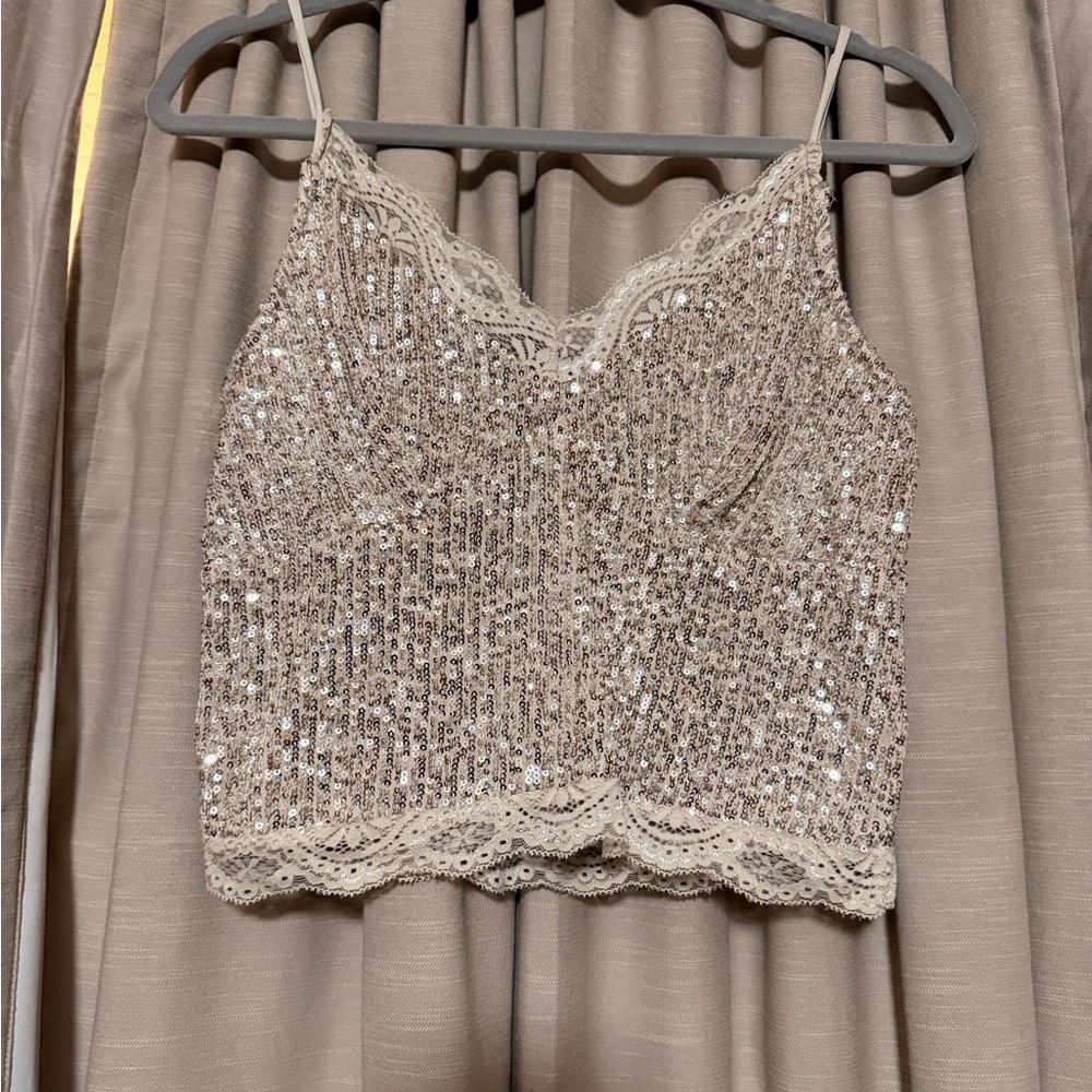 Buckle Beige Sequin Lace Crop Top